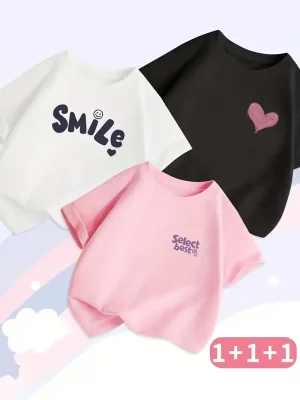 Pack of 3 Select Smile Heart Printed T-shirts for Girls