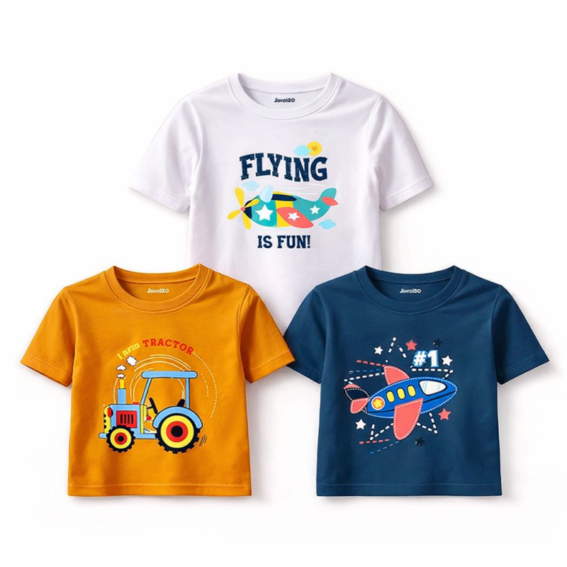 Pack of 3 Tractor Plane Printed T-Shirts For Boys