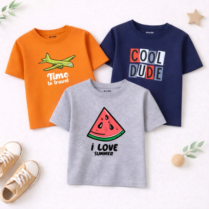 Pack of 3 Summer Time Dude Printed T-Shirts For Boys