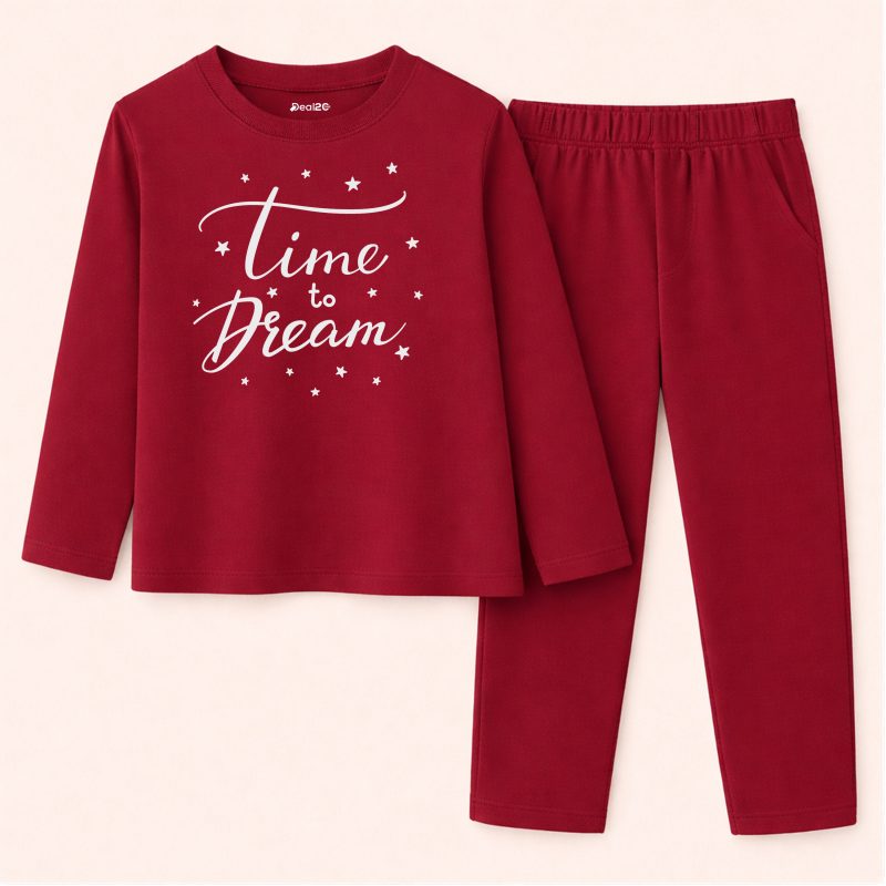 Time To Dream Printed Maroon Summer Nightwear For Kids