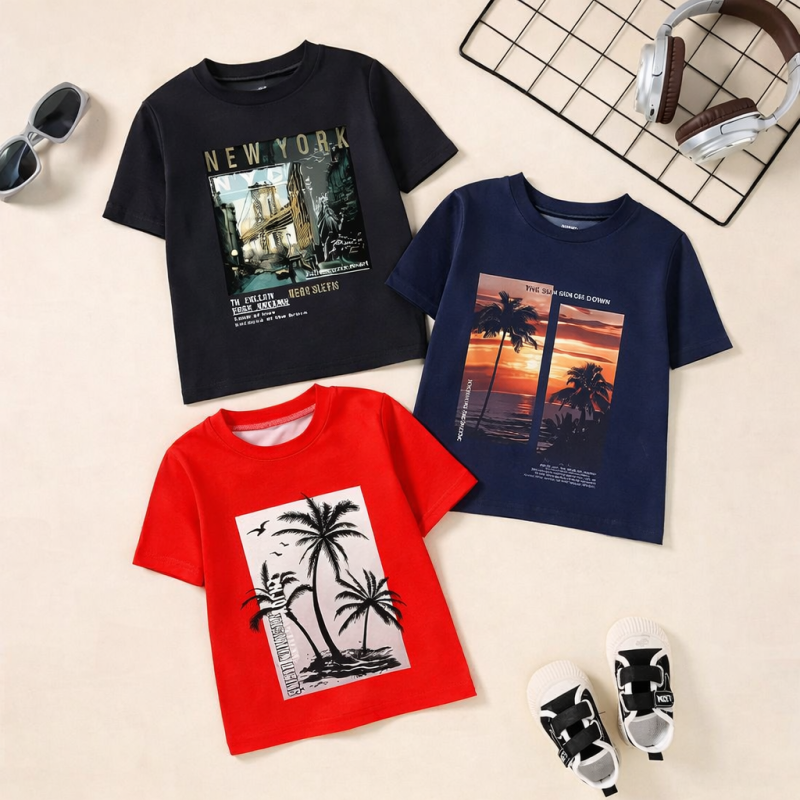 Pack of 3 Beach Sunset Printed T Shirts For Kids Pack of 3 Beach Sunset Printed T Shirts For Kids