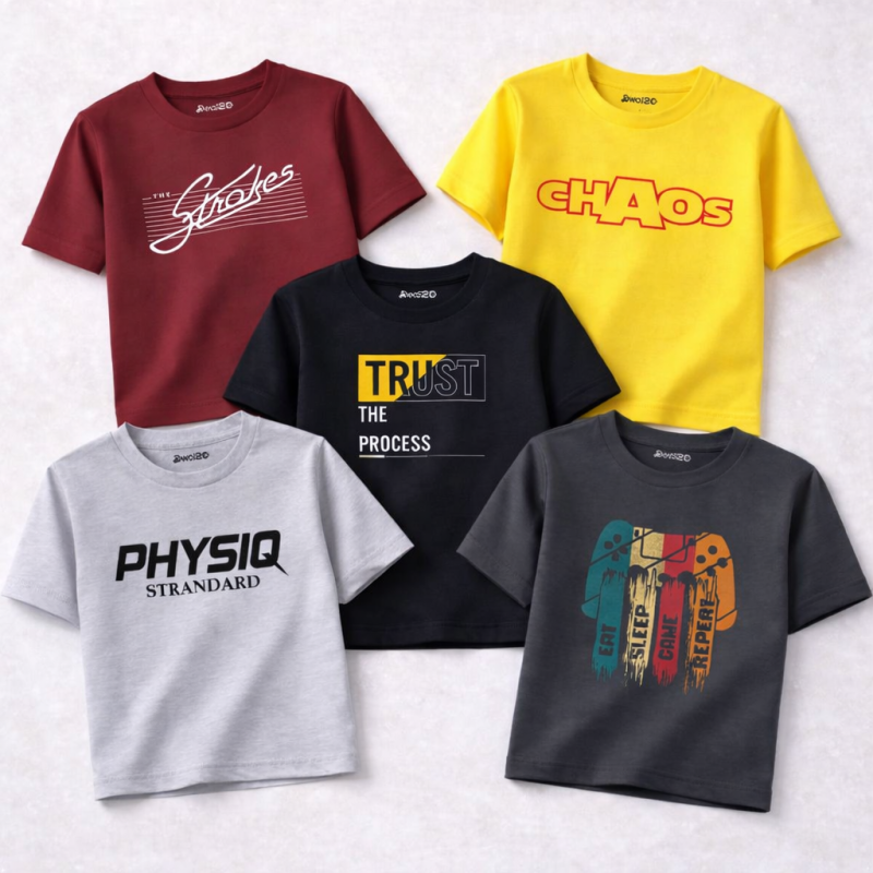 Pack of 5 Physiq Game Process Printed T Shirts For Tween Kids Pack of 5 Physiq Game Process Printed T Shirts For Tween Kids