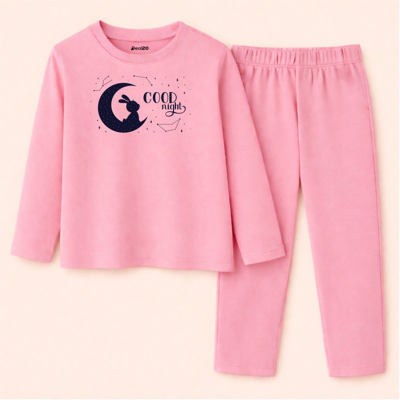 Good Night Printed Pink Summer Nightwear For Kids