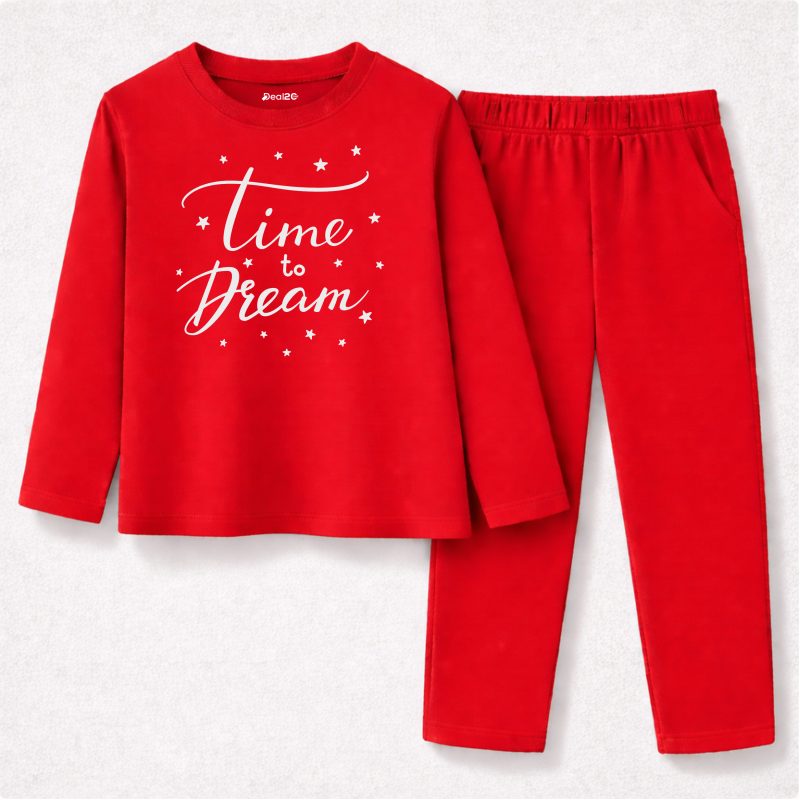 Time To Dream Printed Red Summer Nightwear For Kids