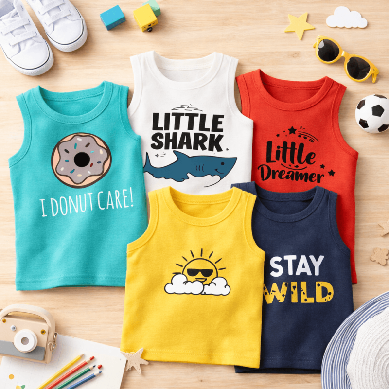Pack of 5 Little Shark Dreamer Kids Printed Tank Tops Pack of 5 Little Shark Dreamer Kids Printed Tank Tops