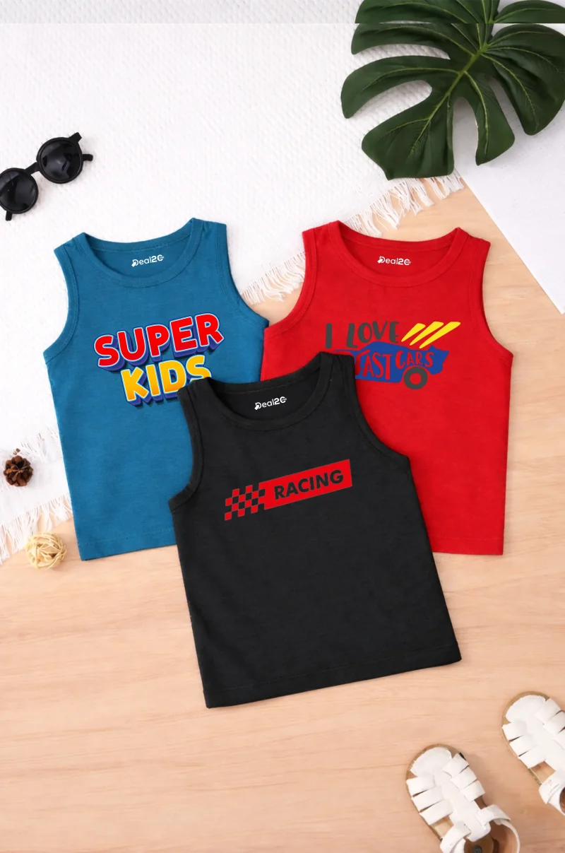 Pack of 3 Super Racing Cars Kids Printed Tank Tops