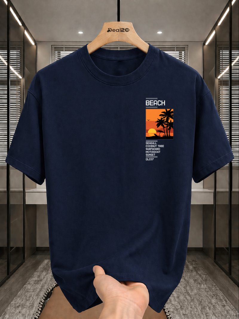 Beach Seagull Sunset Printed T-Shirt For Mens