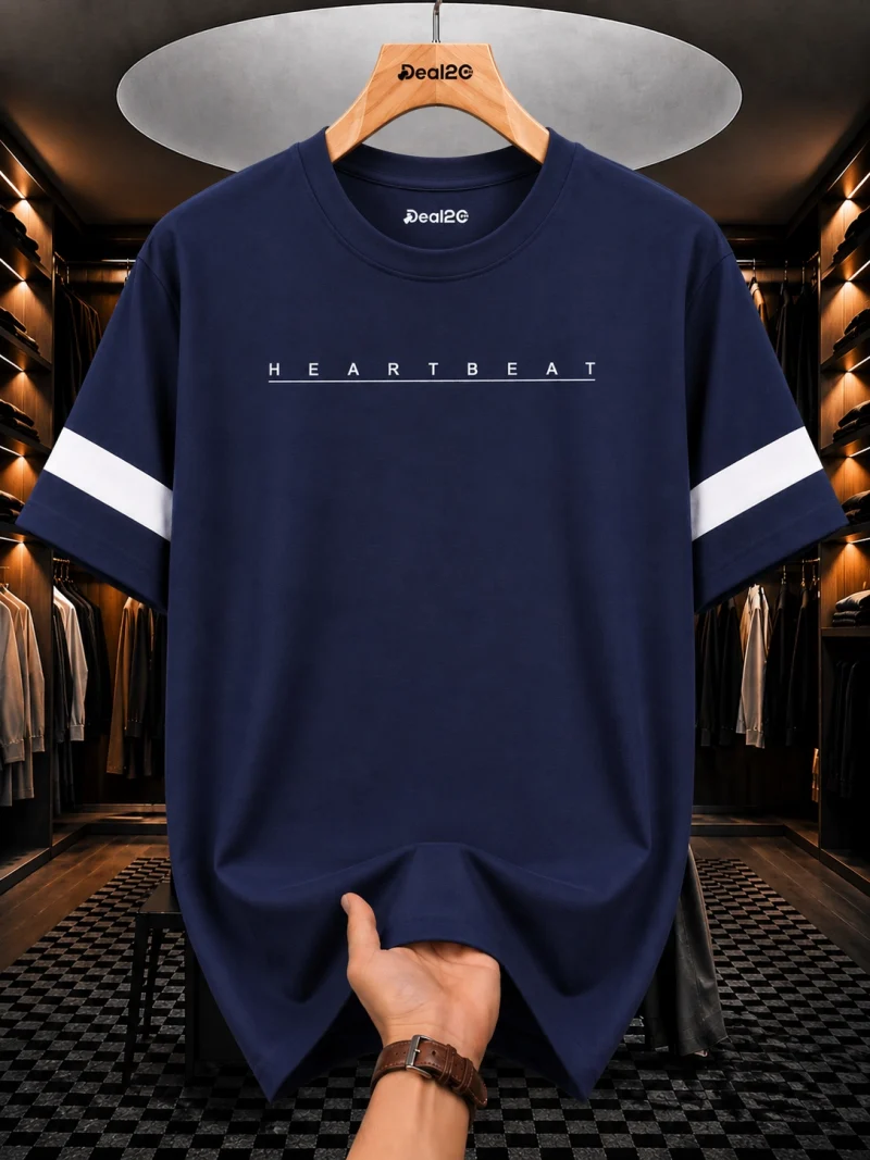 Heartbeat Printed Navy Blue T-Shirt For Mens