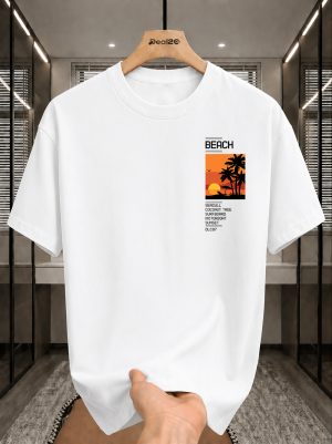 Beach Seagull Sunset Printed T-Shirt For Mens