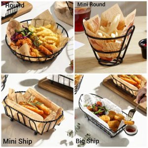 The Mini Round & Ship Snack Buckets – Serving Platters Set is a stylish way to present fried snacks, appetizers, and finger foods. Crafted from durable black metal, each basket comes with parchment paper lining for hygienic serving and an attractive look. Available in Round, Mini Round, Mini Ship, and Big Ship designs, these snack buckets are perfect for fries, nuggets, fried chicken, fish fillets, and more. Their unique shapes add a restaurant‑style touch to home dining, parties, and cafés. Compact yet spacious, these platters are reusable, lightweight, and easy to clean, making them ideal for both professional and casual use.