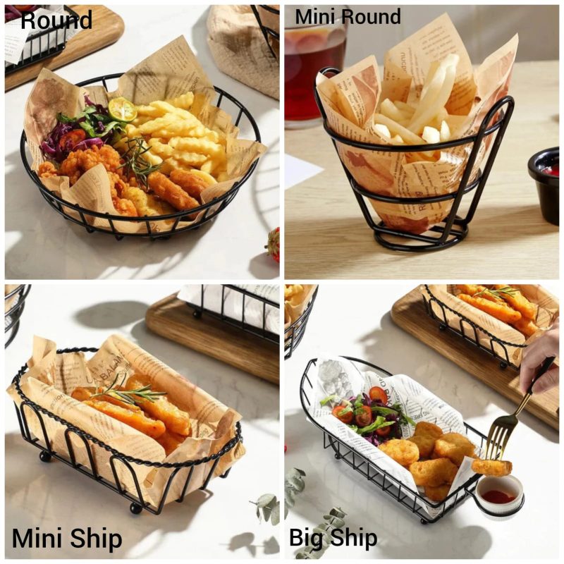 The Mini Round & Ship Snack Buckets – Serving Platters Set is a stylish way to present fried snacks, appetizers, and finger foods. Crafted from durable black metal, each basket comes with parchment paper lining for hygienic serving and an attractive look. Available in Round, Mini Round, Mini Ship, and Big Ship designs, these snack buckets are perfect for fries, nuggets, fried chicken, fish fillets, and more. Their unique shapes add a restaurant‑style touch to home dining, parties, and cafés. Compact yet spacious, these platters are reusable, lightweight, and easy to clean, making them ideal for both professional and casual use. The Mini Round & Ship Snack Buckets – Serving Platters Set is a stylish way to present fried snacks, appetizers, and finger foods. Crafted from durable black metal, each basket comes with parchment paper lining for hygienic serving and an attractive look. Available in Round, Mini Round, Mini Ship, and Big Ship designs, these snack buckets are perfect for fries, nuggets, fried chicken, fish fillets, and more. Their unique shapes add a restaurant‑style touch to home dining, parties, and cafés. Compact yet spacious, these platters are reusable, lightweight, and easy to clean, making them ideal for both professional and casual use.