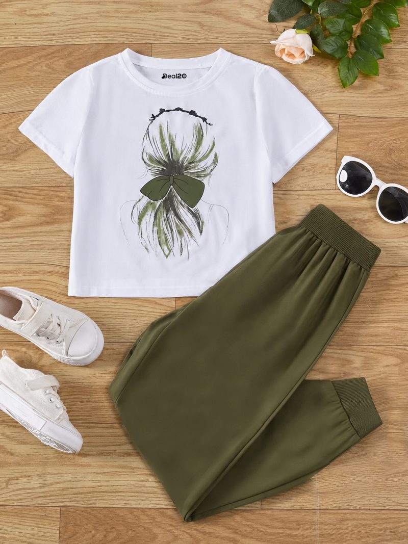 Girls Butterfly Print Tee & Olive Green Jogger Set