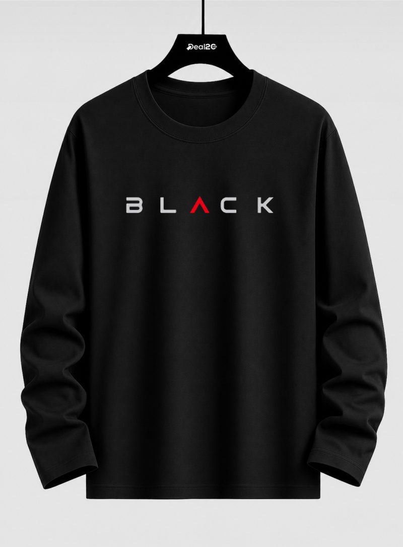 Black Typography Printed Long Sleeve T-shirt for Mens