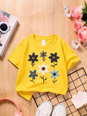 Flower Charm Printed T-shirt for Girls