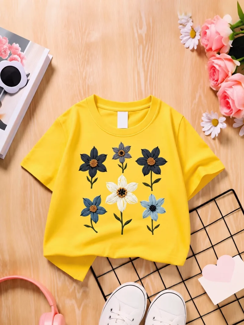 Flower Charm Printed T-shirt for Girls