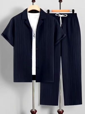 Men Navy Blue Color Textured Short-sleeve Shirt and Trouser Set