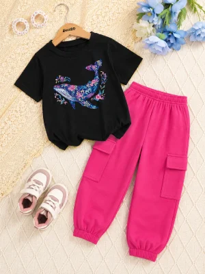 Floral Whale Summer Trouser Suit For Girls
