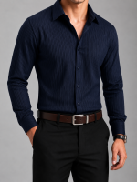 Navy Blue Casual Solid Color Full Sleeve Jacquard Shirt