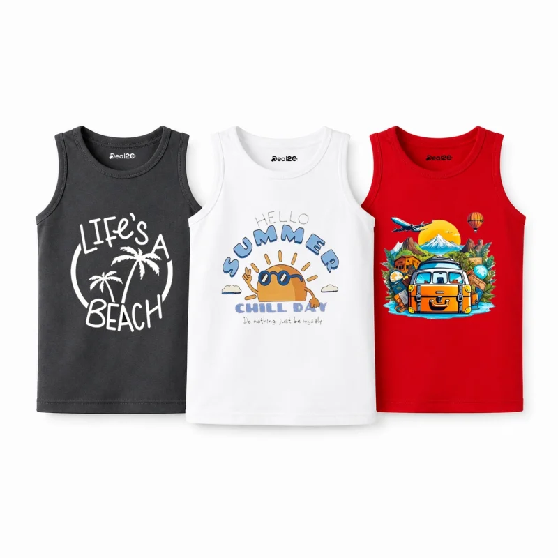 Pack of 3 Beach Chill & Travel Kids Printed Tank Tops Pack of 3 Beach Chill & Travel Kids Printed Tank Tops