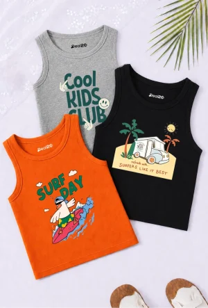 Pack of 3 Cool Surfer Day Kids Printed Tank Tops