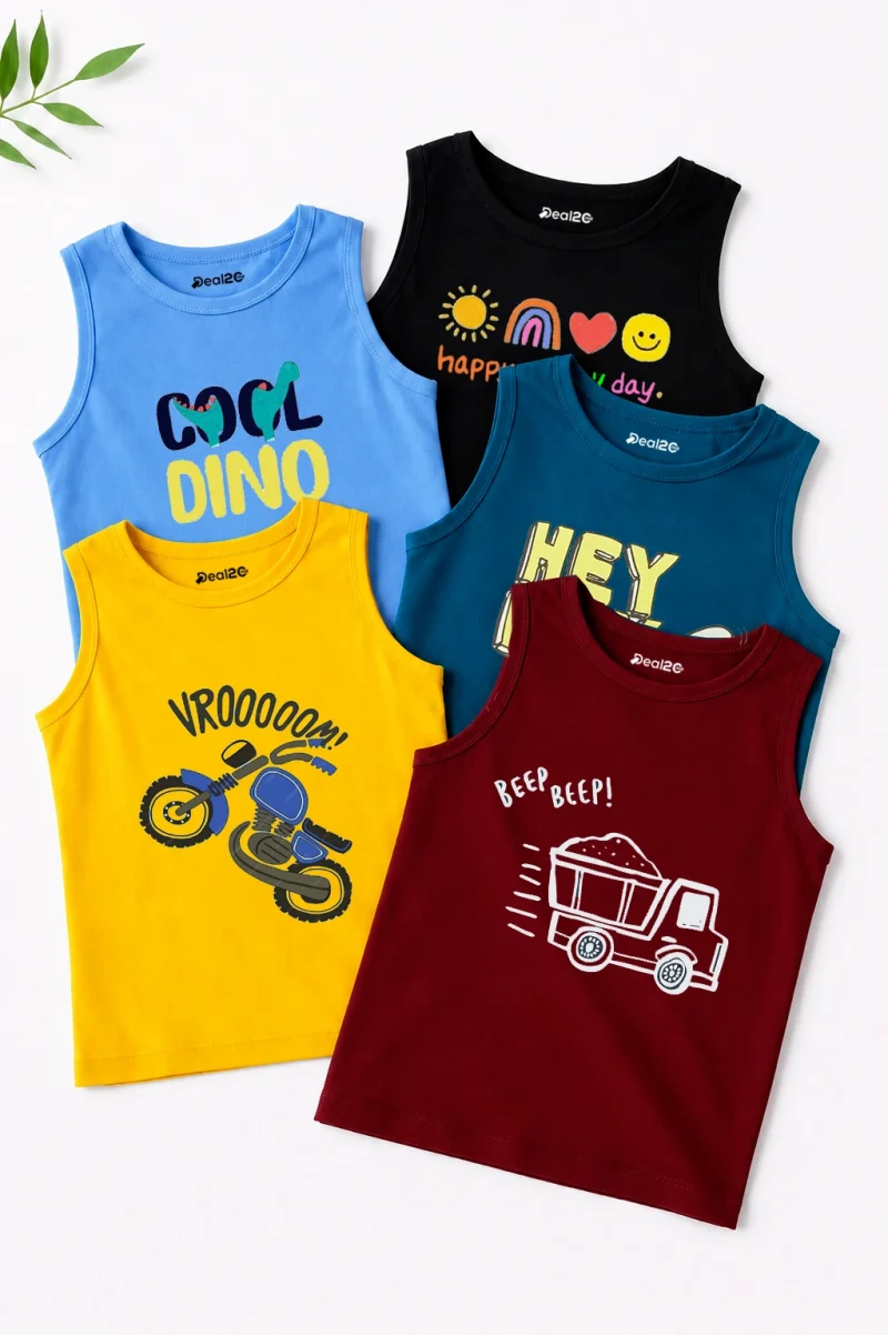 Pack of 5 Dino Beep Bike Kids Printed Tank Tops