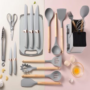 19 Pcs Spoon Set with Knife & Cutting Board – Silicone Kitchenware
