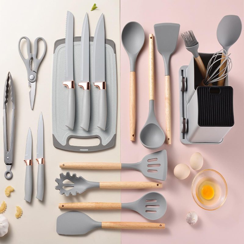 19 Pcs Spoon Set with Knife & Cutting Board – Silicone Kitchenware