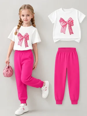 Girls Bow Print Tee & Pink Jogger Set