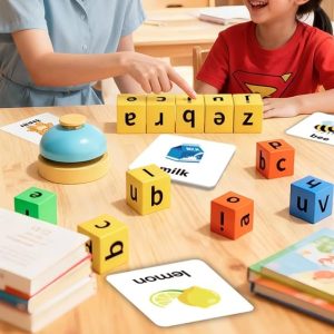 Spelling cube word game – fun learning toy Includes colorful cubes, flashcards & bell Encourages spelling, reading & memory skills Interactive play – perfect for kids & classrooms
