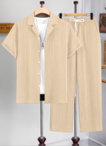 Men Fawn Color Textured Short-sleeve Shirt and Trouser Set