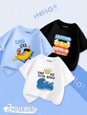 Pack of 3 Cool Surfing Beach Printed T-Shirts For Boys
