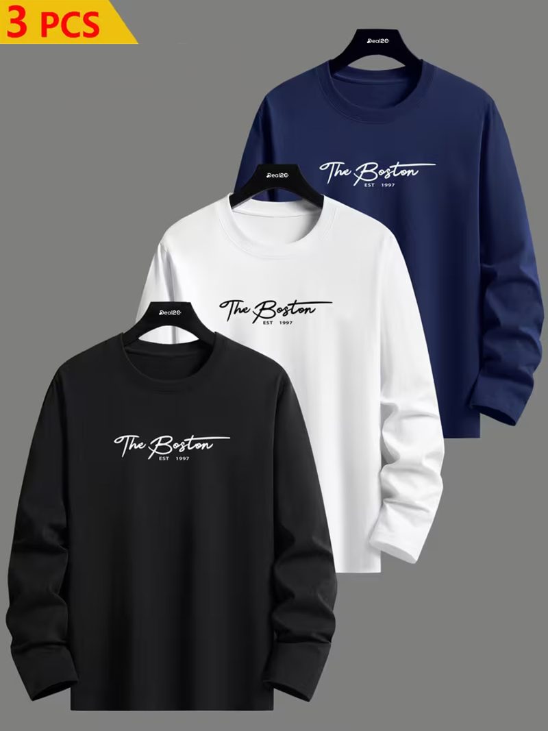 Pack of 3 NBW Boston EST Printed Long Sleeve T-shirts for Men