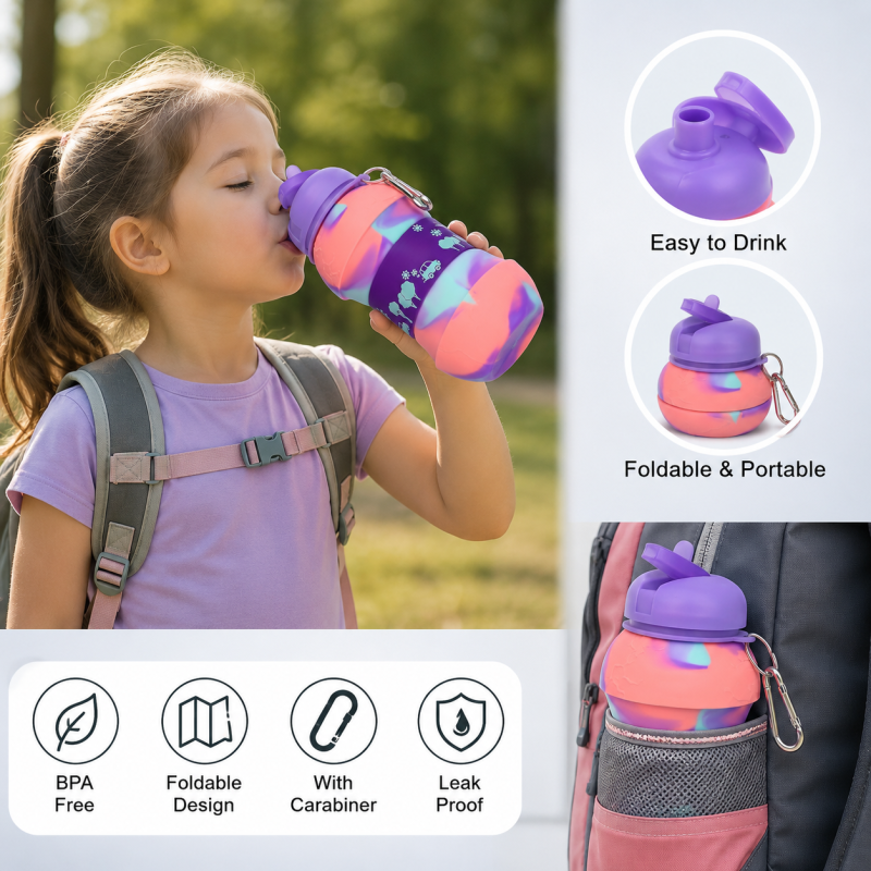 Silicone Water Bottle – Rambo Colours with Sipper & Hook