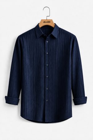 Navy Blue Casual Solid Color Full Sleeve Jacquard Shirt
