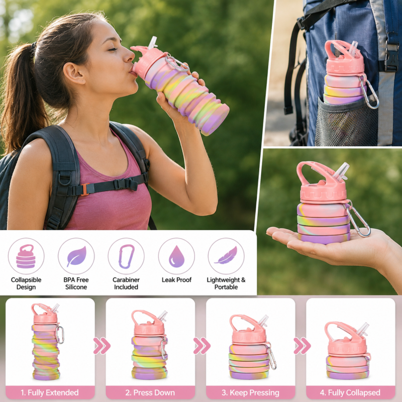 Silicone Folding Sipper Bottle – With Hook