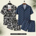 Bundle of 2 White Leaf Fashion Printed Summer Short Suit For Men