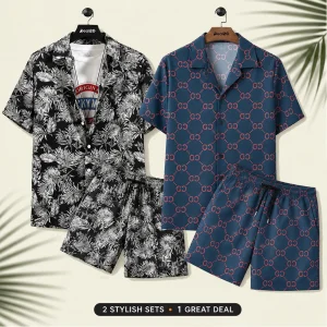 Bundle of 2 White Leaf Fashion Printed Summer Short Suit For Men