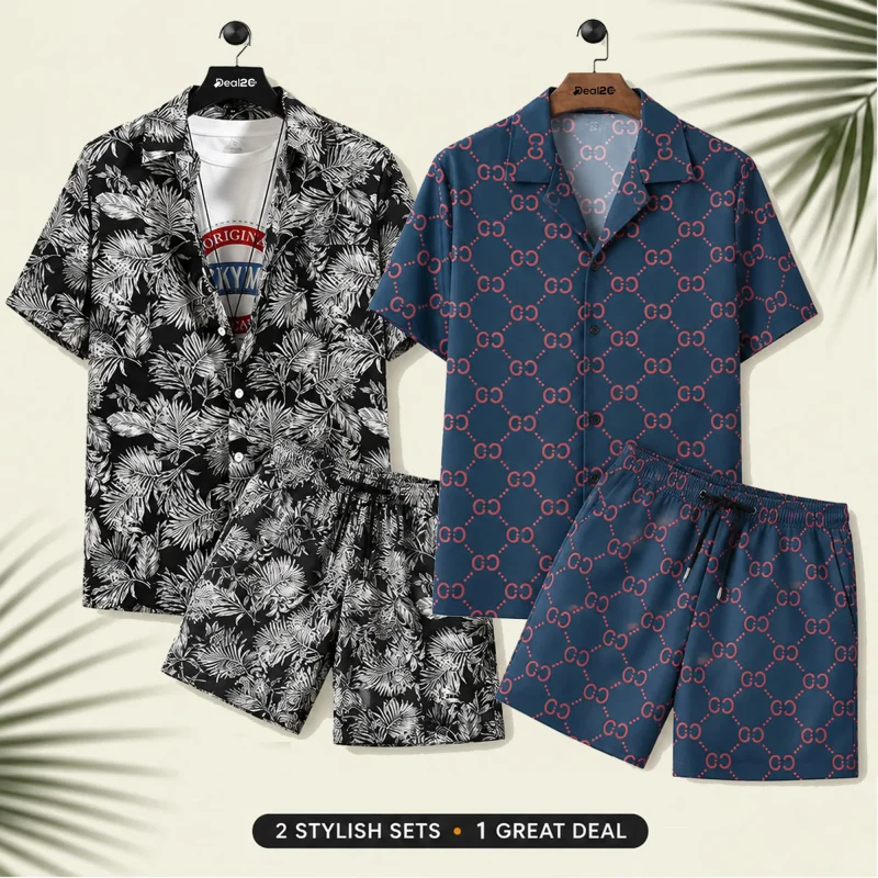 Bundle of 2 White Leaf Fashion Printed Summer Short Suit For Men