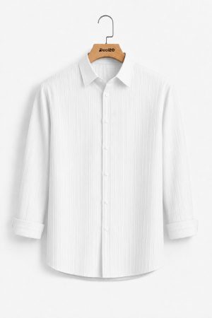 White Casual Solid Color Full Sleeve Jacquard Shirt