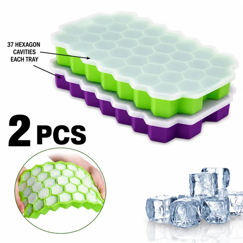 2pcs Silicone Honeycomb Reusable Ice Cube Tray - 37 Cavities with Lid