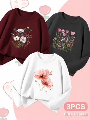 Pack of 3 Blooming Wildflowers Printed Long Sleeve T-shirts for Girls