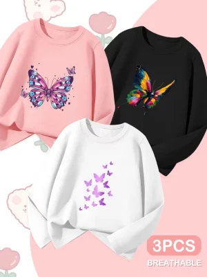 Pack of 3 Rainbow Wing Charm Printed Long Sleeve T-shirts for Girls