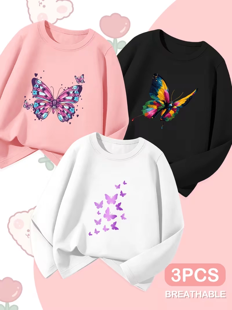 Pack of 3 Rainbow Wing Charm Printed Long Sleeve T-shirts for Girls Pack of 3 Rainbow Wing Charm Printed Long Sleeve T-shirts for Girls