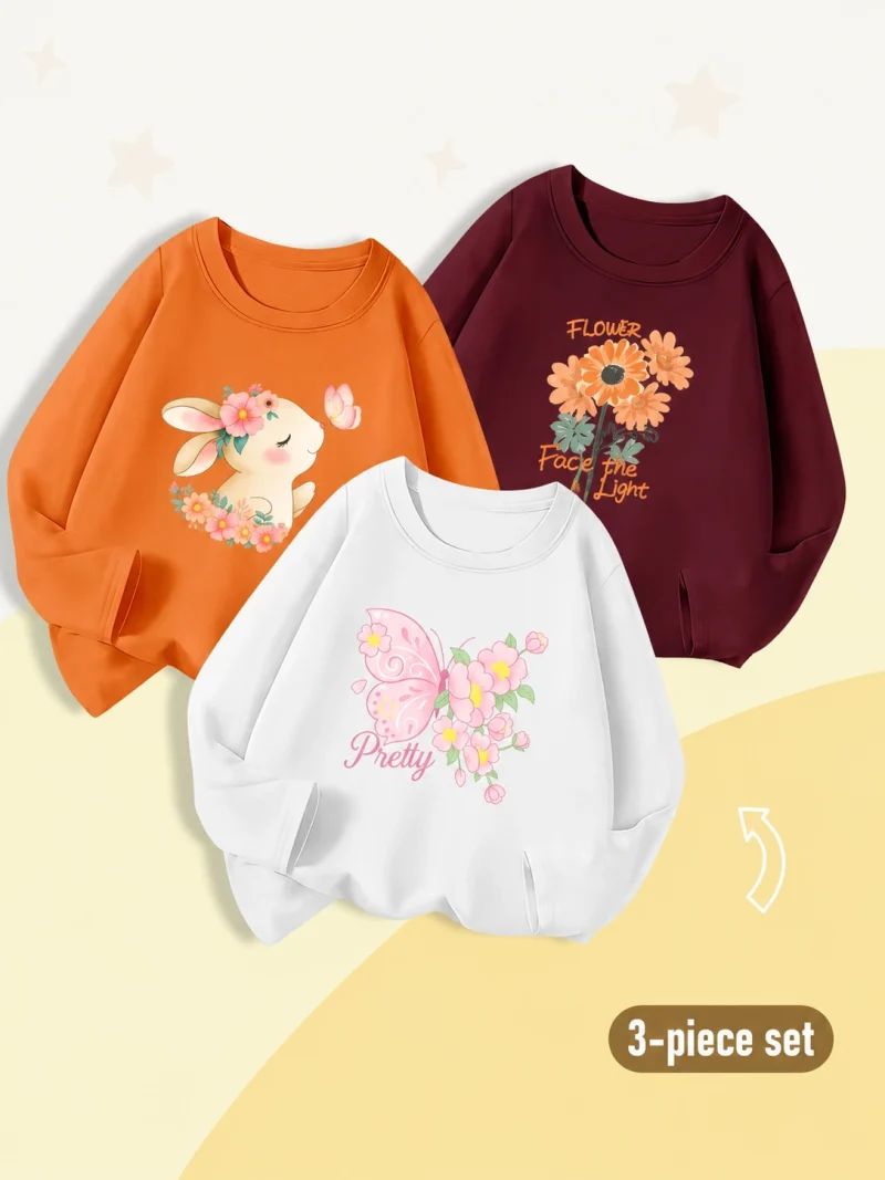Pack of 3 Pretty Floral Bunny Printed Long Sleeve T-shirts for Girls