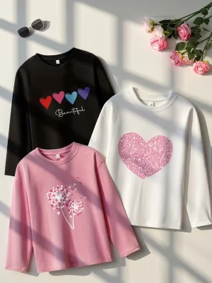 Pack of 3 Beautiful Heartstrings Printed Long Sleeve T-shirts for Girls