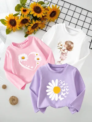 Pack of 3 Flower Heart Printed Long Sleeve T-shirts for Girls