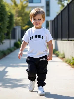 Los Angeles Printed White T-Shirt & Black Jogger Set For Kids