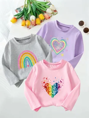 Pack of 3 Rainbow Heart Glow Printed Long Sleeve T-shirts for Girls