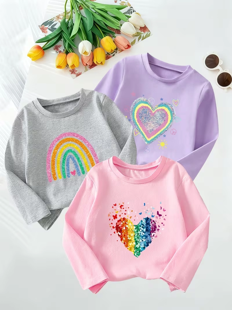 Pack of 3 Rainbow Heart Glow Printed Long Sleeve T-shirts for Girls Pack of 3 Rainbow Heart Glow Printed Long Sleeve T-shirts for Girls