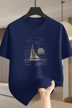 Sailboat Printed Navy Blue T-Shirt for Men